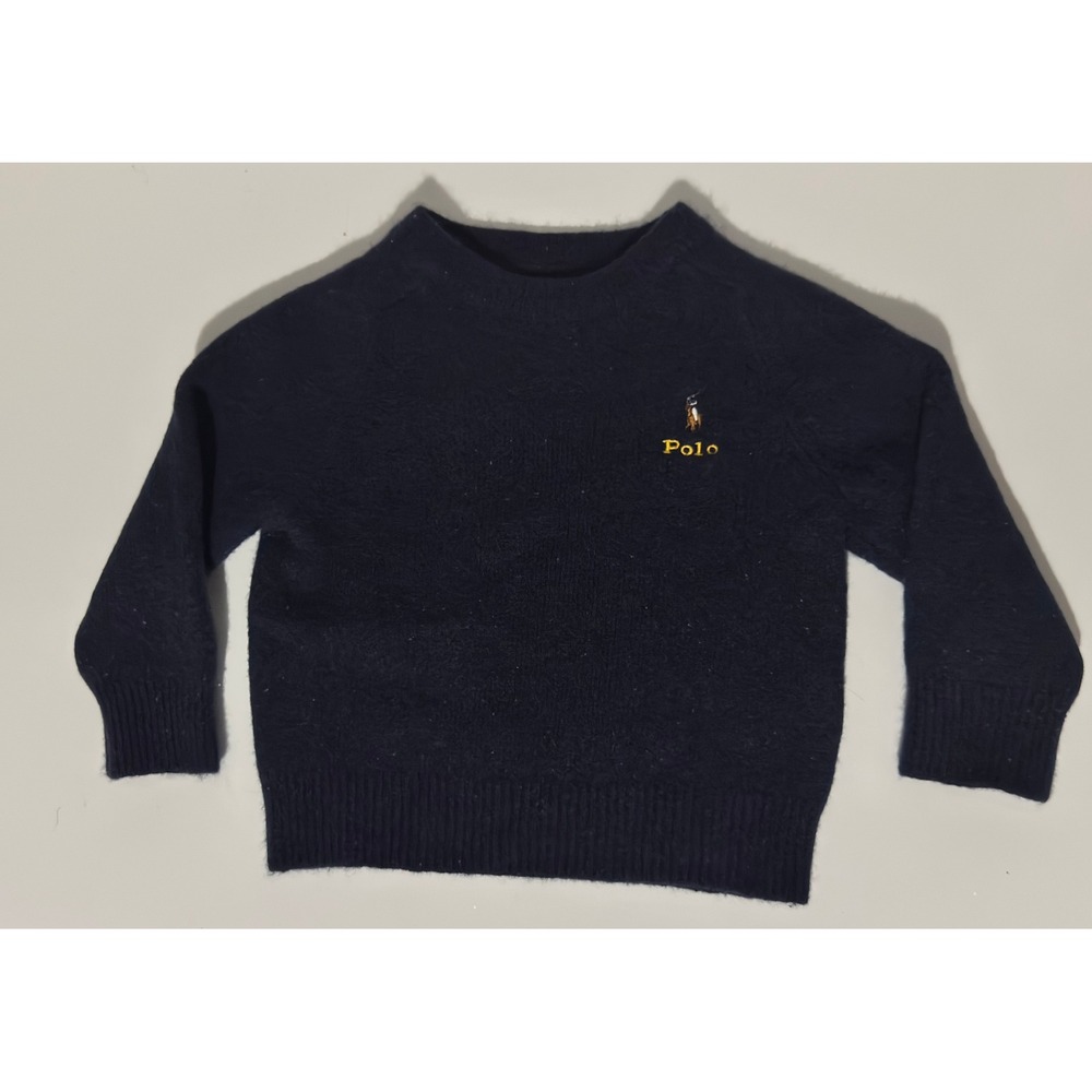 Size 2T Polo Ralph Lauren Kids Navy Blue Wool Blend Knit Crew Neck Sweater Logo